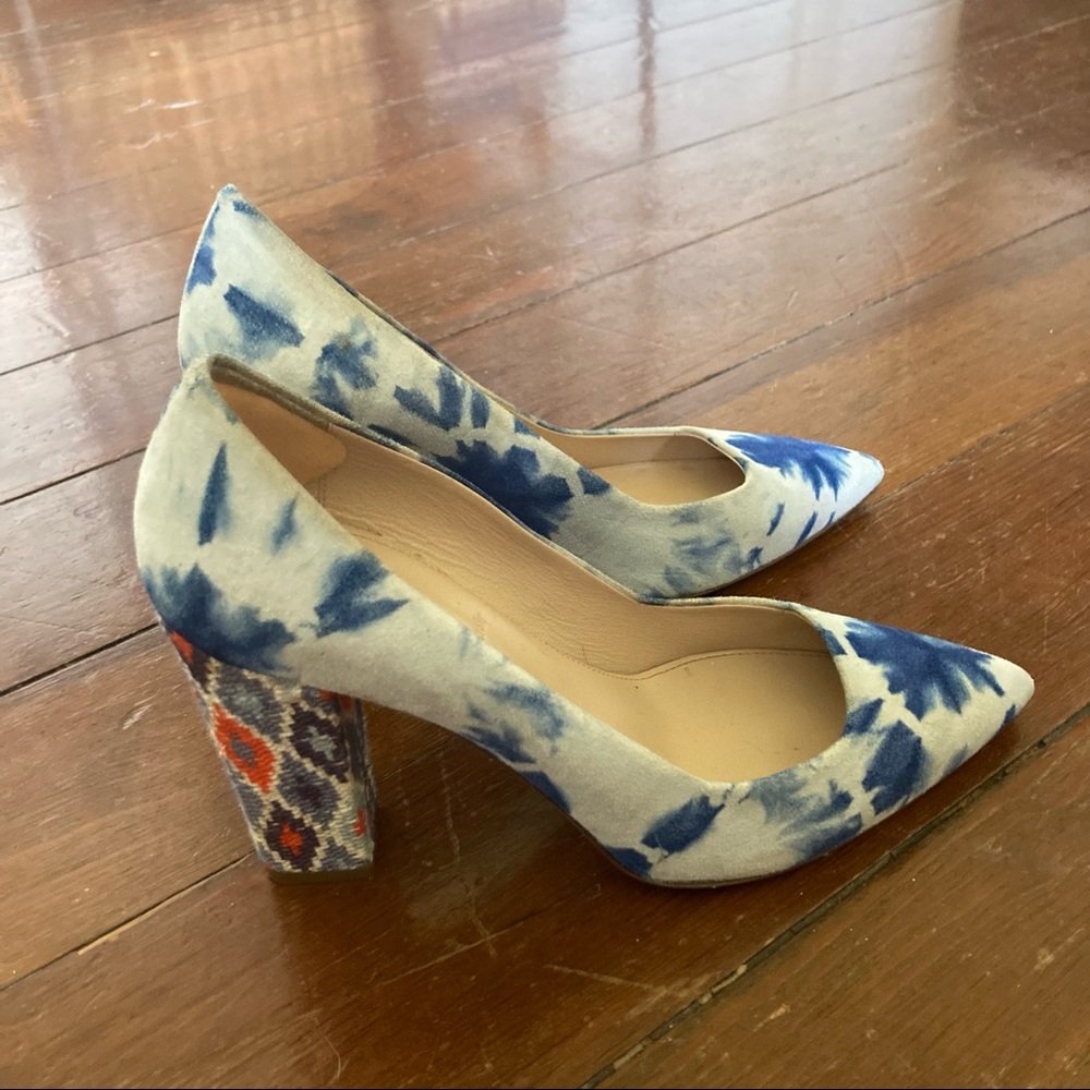 J. Crew Block Heel Suede Pumps with Woven Heel and Print